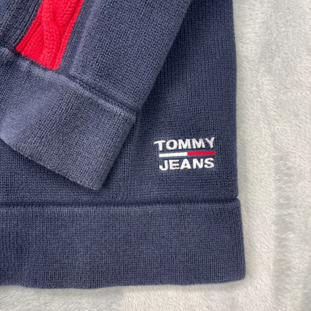 Tommy Jeans Sweater Mens 2XL Navy‎ Cable Knit Stripe Sleeve Crew Neck Pullover - Picture 6 of 6